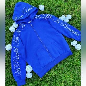 Phora Yours Truly NWOT Blue Zip Up Jacket Hoodie Embroidered Life is Beautiful